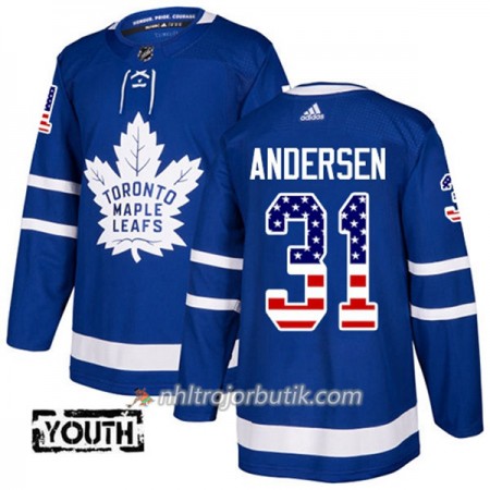Barn Ishockey Toronto Maple Leafs Tröja Frederik Andersen 31 Adidas 2017-2018 Blå USA Flag Fashion Authentic